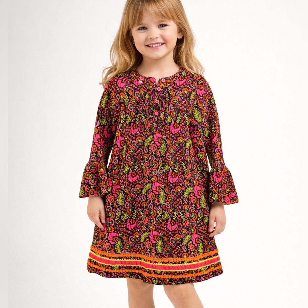 Hartstrings Girls Corduroy Floral Bell Sleeve Dress 5 Neon Hippie Boho